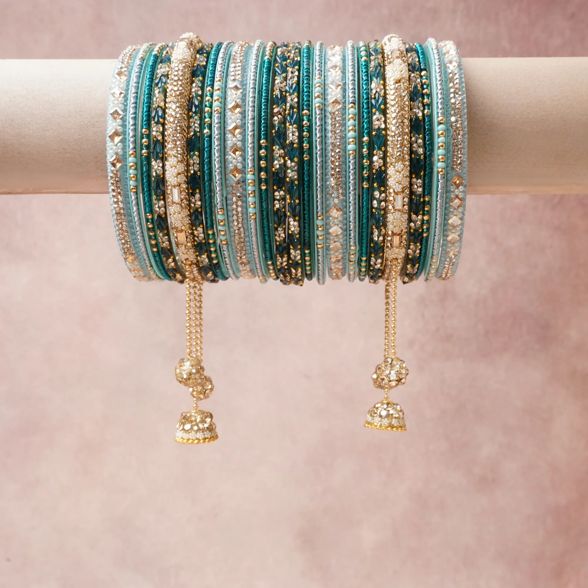 A commanding Light Cyan anchors this beautiful set, enriched with accents of Gold, Clear/Silver that add depth and dimension.

Featuring a striking composition of Glass, Metal (Gold-toned, Silver-toned), Rhinestones, Faux Pearls, Enamel, this set carries intricate craftsmanship and strong presence. Grand in form, it is created for moments that deserve to be marked.